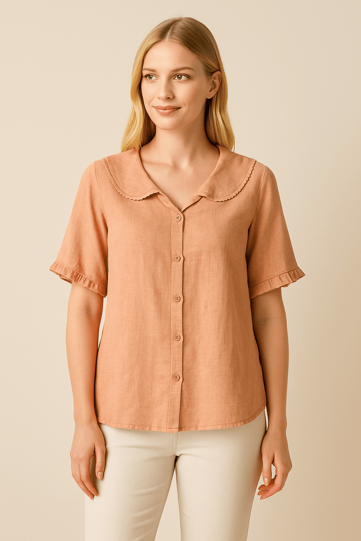 Poppy Doll Retro Cotton-Linen Short Sleeve Shirt with Doll Collar